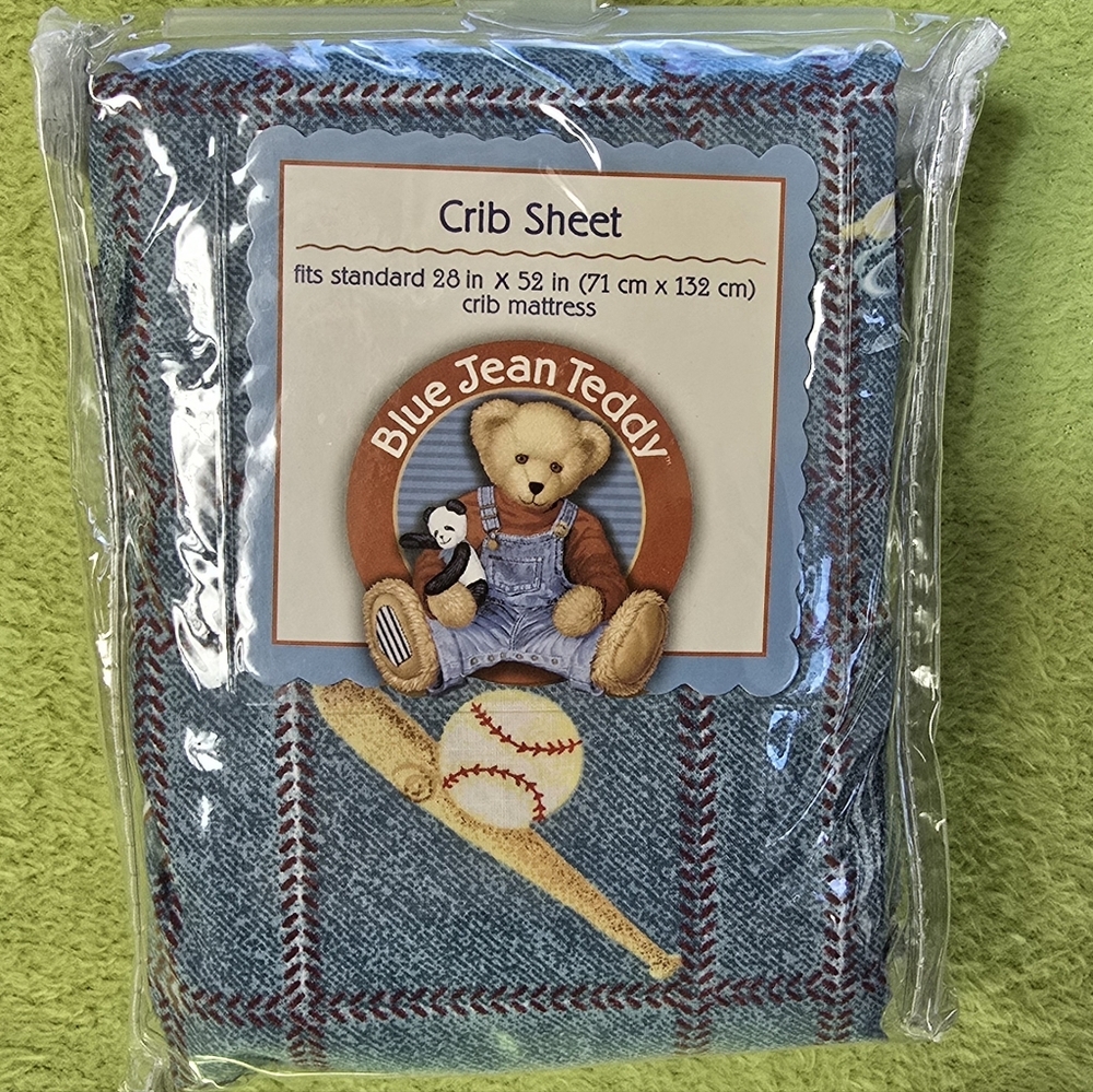 NWT NIP Crib Sheet 28 X 52 IN  BLUE JEAN TEDDY - Sports + Teddy Bear Print (Q3)